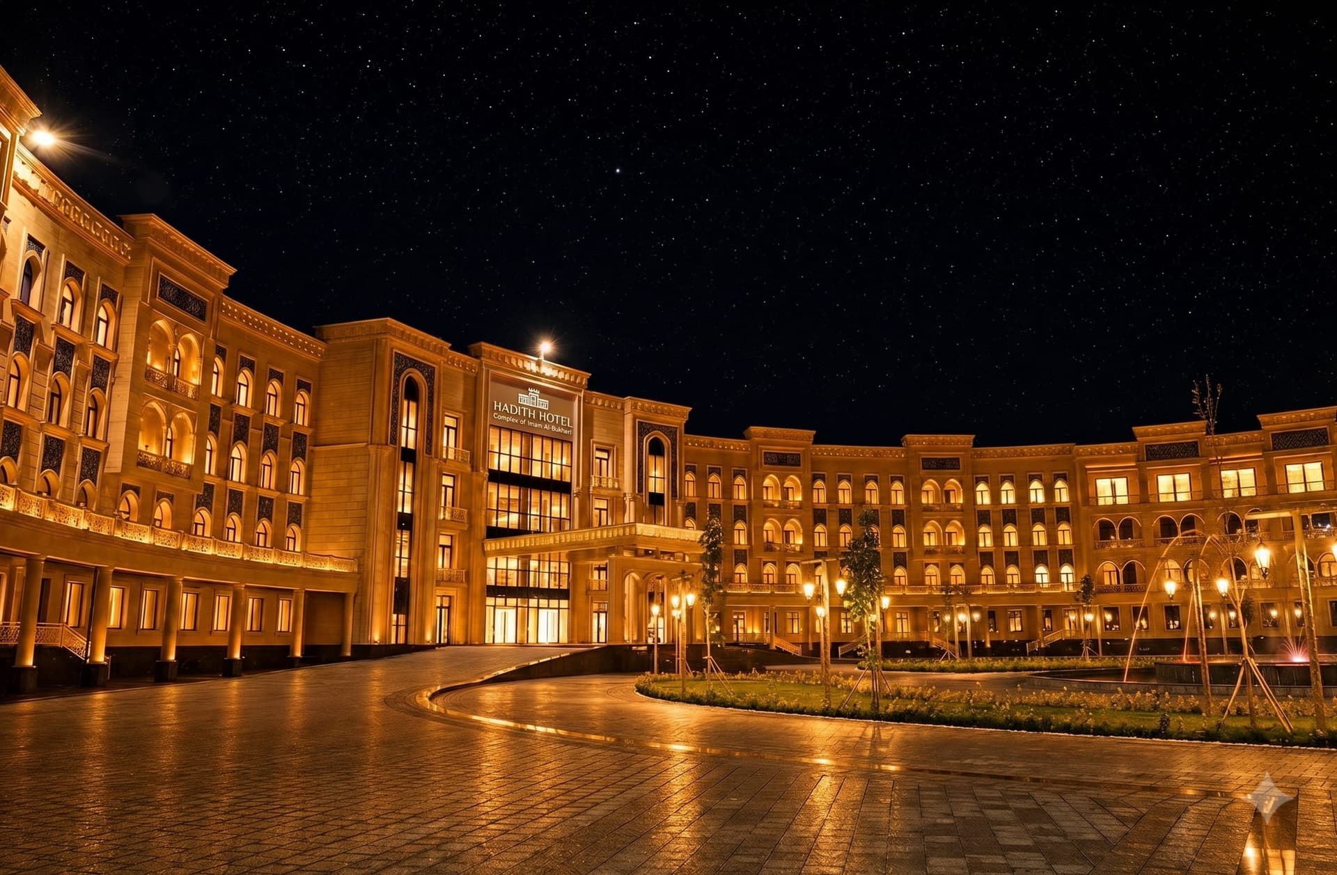 Hadith Hotel facade at golden hour under a glowing sky, Samarkand